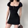 Square Neck Black Dress for Women Slim Fit Bubble Sleeve Midi Dress Party Elegant Vintage Style Clothing Summer