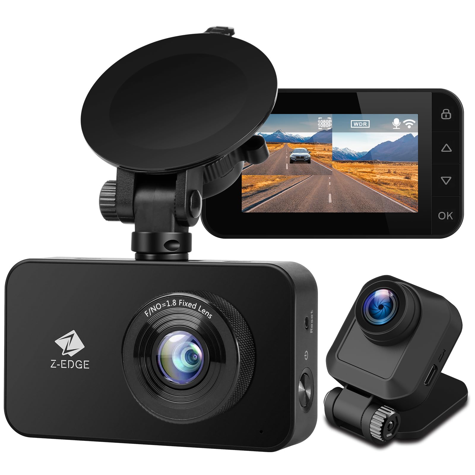 

R1 WIFI Dash Cam with Front and Rear QHD Night Motion Nationwide LED Traffic Light Automatic Emergency Parking WDR USB Lens Z-EDGE Cameras, 2K/1440P