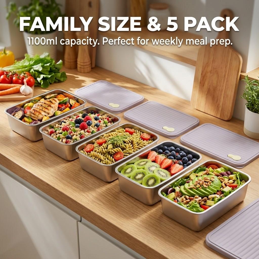 Stackable Fruit,Vegetable,Meat Food Container Durable Sealed 304 Stainless Steel Fresh-keeping Box Refrigerator&Microwave Safe