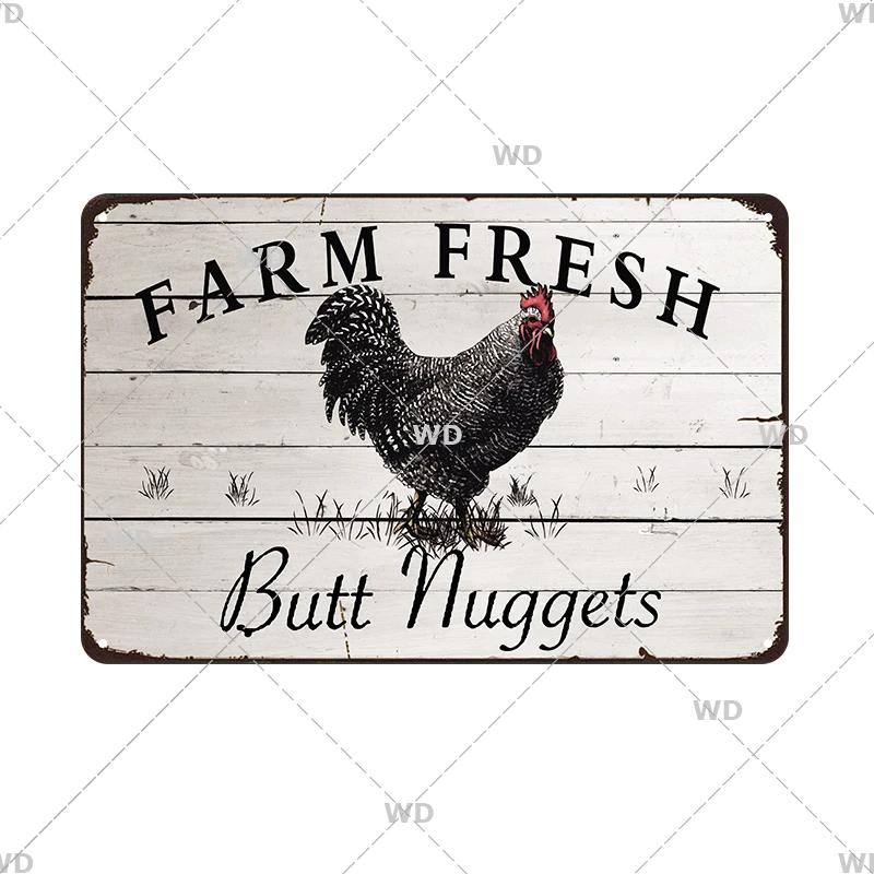 Metallskyltar Färska Ägg Fluffy Butt Hut Kyckling Retro Plåtskylt Vintage Rolig Utomhus Väggplakett Trädgård Gårdsskyltar Hönshus Dekor