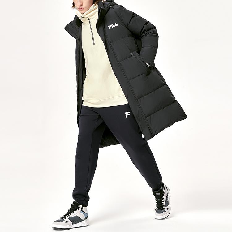 Fila Logo Print Mid-Length Hooded Down Jacket Men Outerwear Black F11M149910F-BK