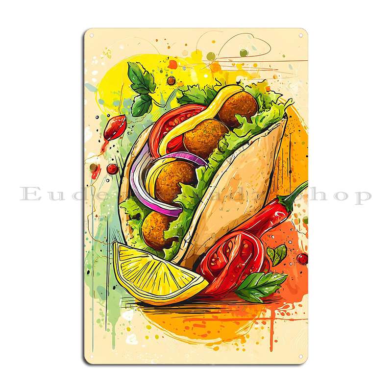 

Falafel Wrap Bursting with Flavorful Ingredients and Vibrant Sketches Tribute to Plant-Based Food Metal Plaque Tin Sign Poster 20x30cm（7.8x11.8inch）