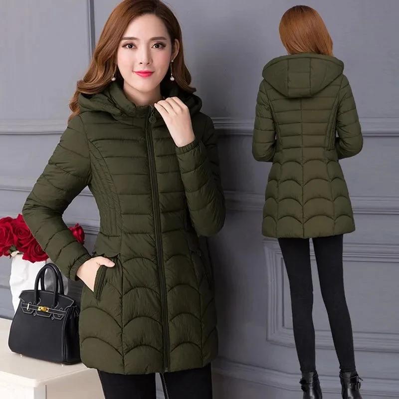 Winter Coat Women Fashion Middle Age Mother Slim Down Cotton Hooded Jacket Plus Size Casual Solid Warm Thick Outwear Parka