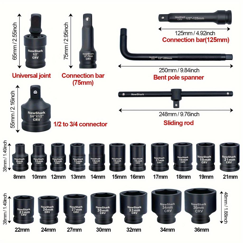 1/2 Inch Drive Socket Set,28 Piece Impact Socket Set,CR-V,Includes Universal Joints and Impact Extension Bars,T-head Breaker Bar