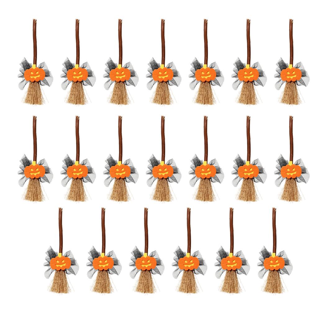20pcs 14cm Halloween Witch Mini Broom Hanging Decoration with Bat Shaped Ornament for Party Home Office School Display