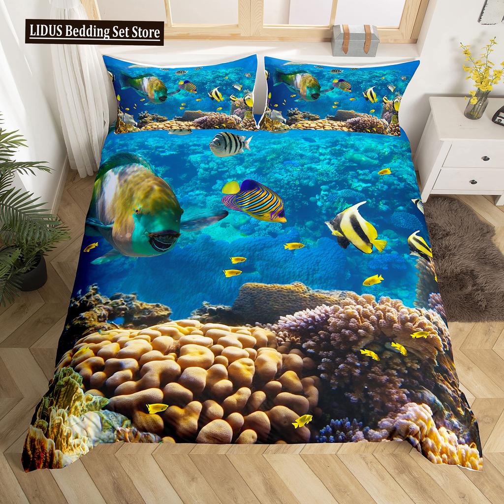 Fisch Bettbezug Set Ozean Bettwäsche Sets 3D Gedruckte Unterwasserwelt Mit Hai Delfin Korallenriff Muster Bettdeckenbezug Set 2/3tlg