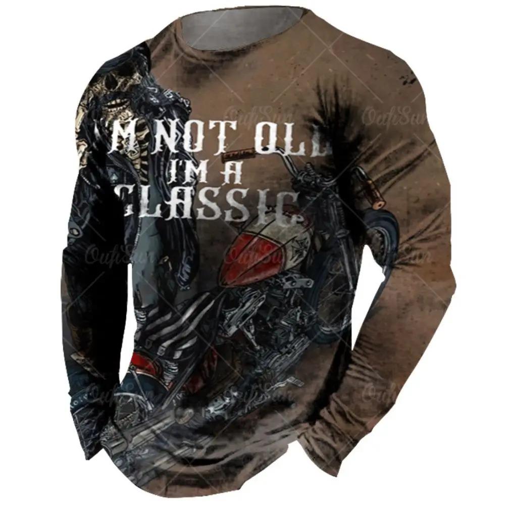 Fashionable Retro 3D Motorcycle Printed Pattern Men's Round Neck Long Sleeved T-shirt