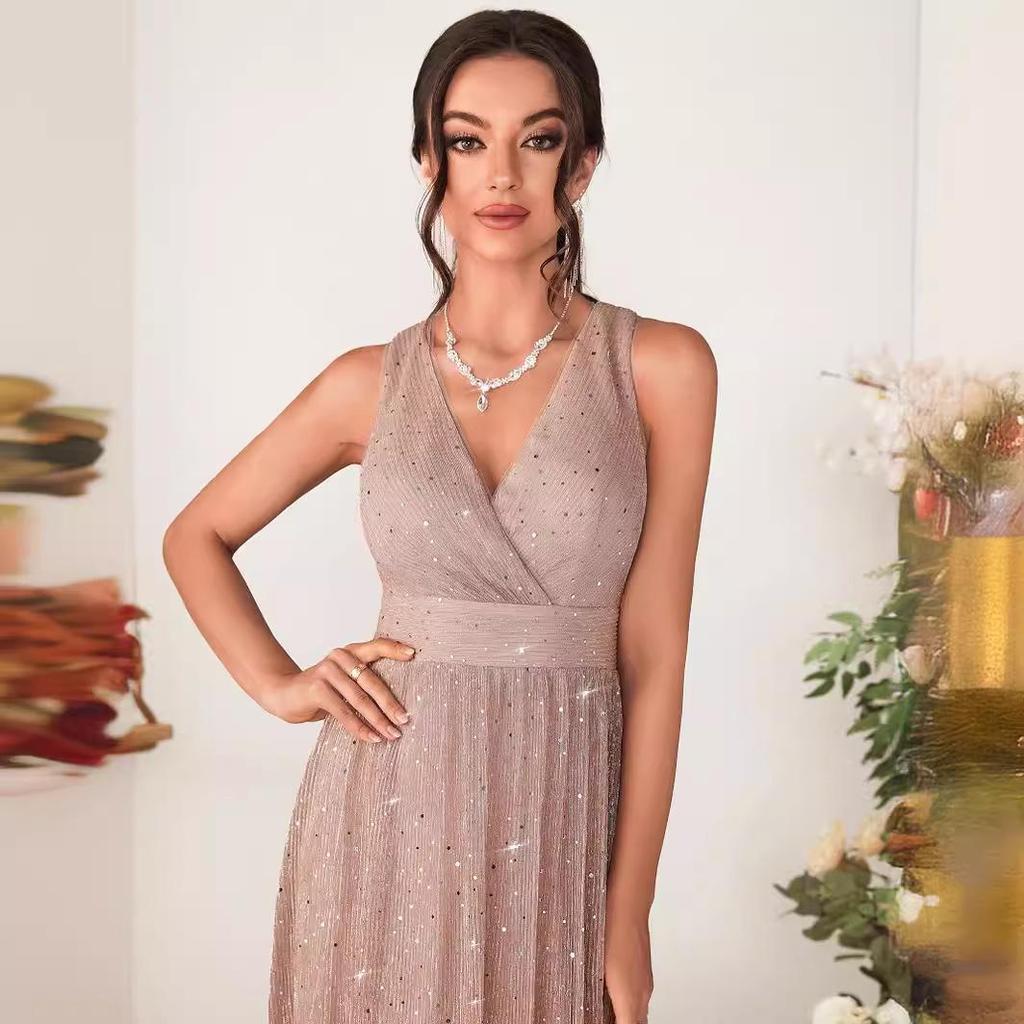 Sequin Spaghetti Strap Mesh Christmas Evening Dress