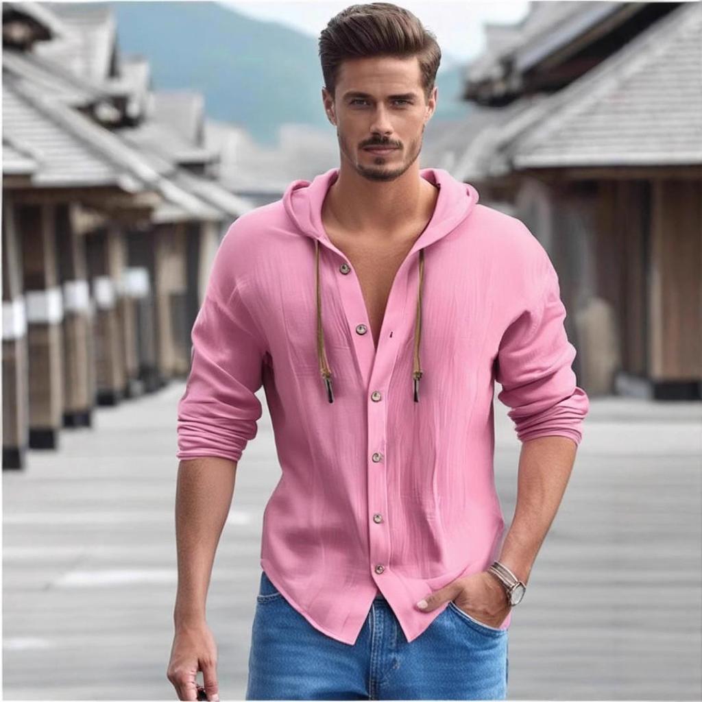 2024 Men's Solid Color Cotton-Linen Hooded Long-Sleeve T-Shirt for Spring & Summer