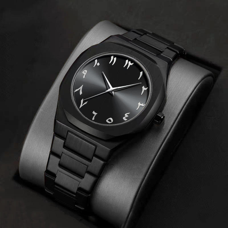 Waterproof Men's Watch Arabic Numeral Alloy Case Stainless Steel Luxury Shiny Black Silver Watch