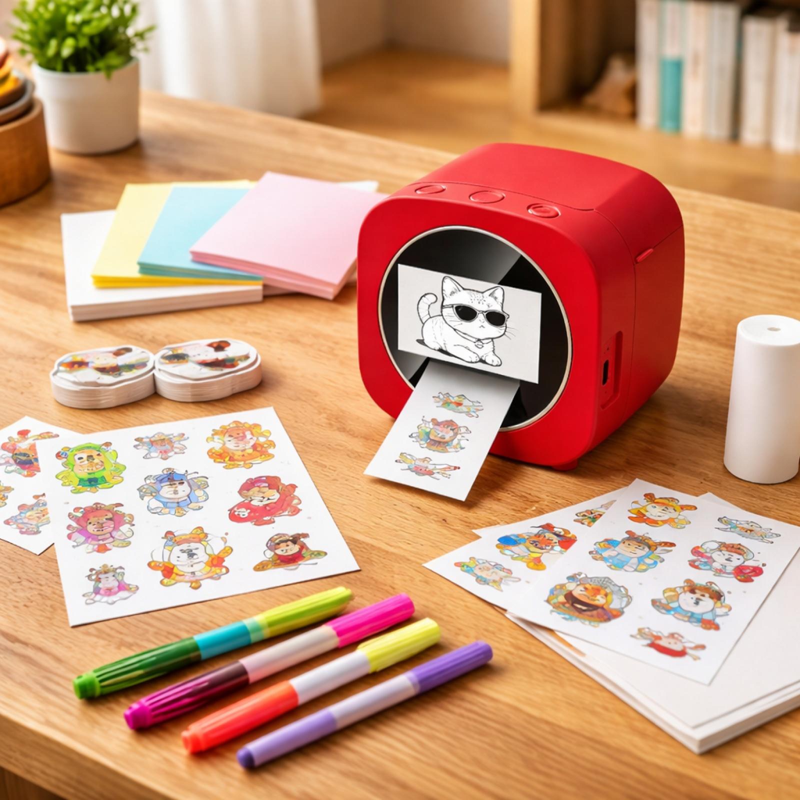 

Compact AI Photo Printer with Multiple Paper Types Including Adhesive and Regular Rolls Plus Colored Paper and Markers for Creative Printing Projects One Size чорний