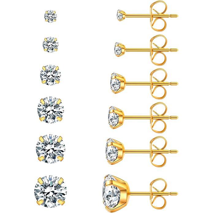 Kolip 6 Pairs Stud Earrings Set, 316L Earrings Stainless Steel CZ Earrings 3-8mm