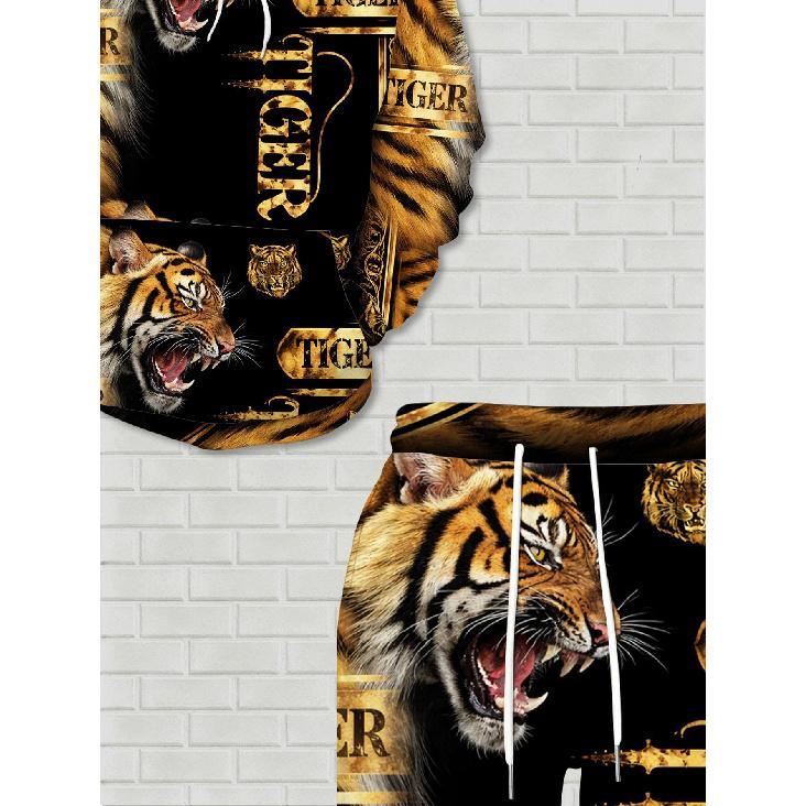 Fashion Casual Autumn Winter Men'S Suit? Fierce Tiger 3D Print Long Sleeve Hooded Sweatshirt And Pants? Two-Piece Set? Streetwear & Majestic Style?