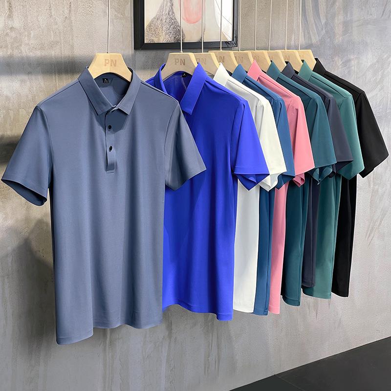 Men's Summer Ice Silk Seamless Polo Shirt - High Elastic, No-Iron, Short Sleeve Lapel T-shirt