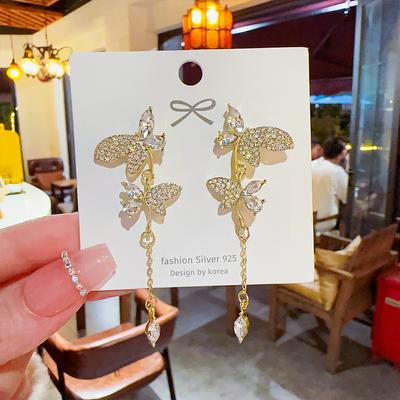 Temperamentné náušnice Sweet Silver Needle, náušnice s vysokým zmyslom, nové náušnice pre ženy, luxusné náušnice s plným osadením, dlhé náušnice s motýľovou strapcovou ozdobou.