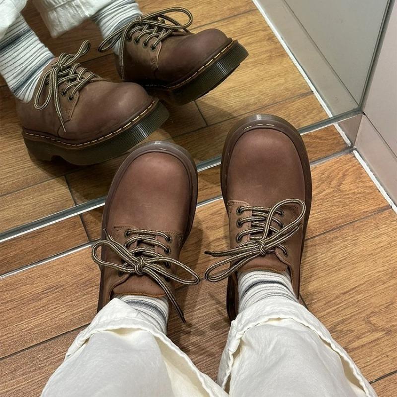 Sheepskin version~ Leather round head Crazy Horse brown Martin shoes small leather shoes women's platform muffin single shoes