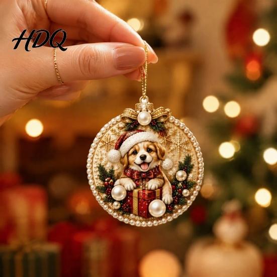 2D Acrylic Santa Ornaments 6 Pcs Christmas Pearl Art Ornaments Flat Holiday Tree Pendant Creative Effect Hanging Decoration for Home Wall