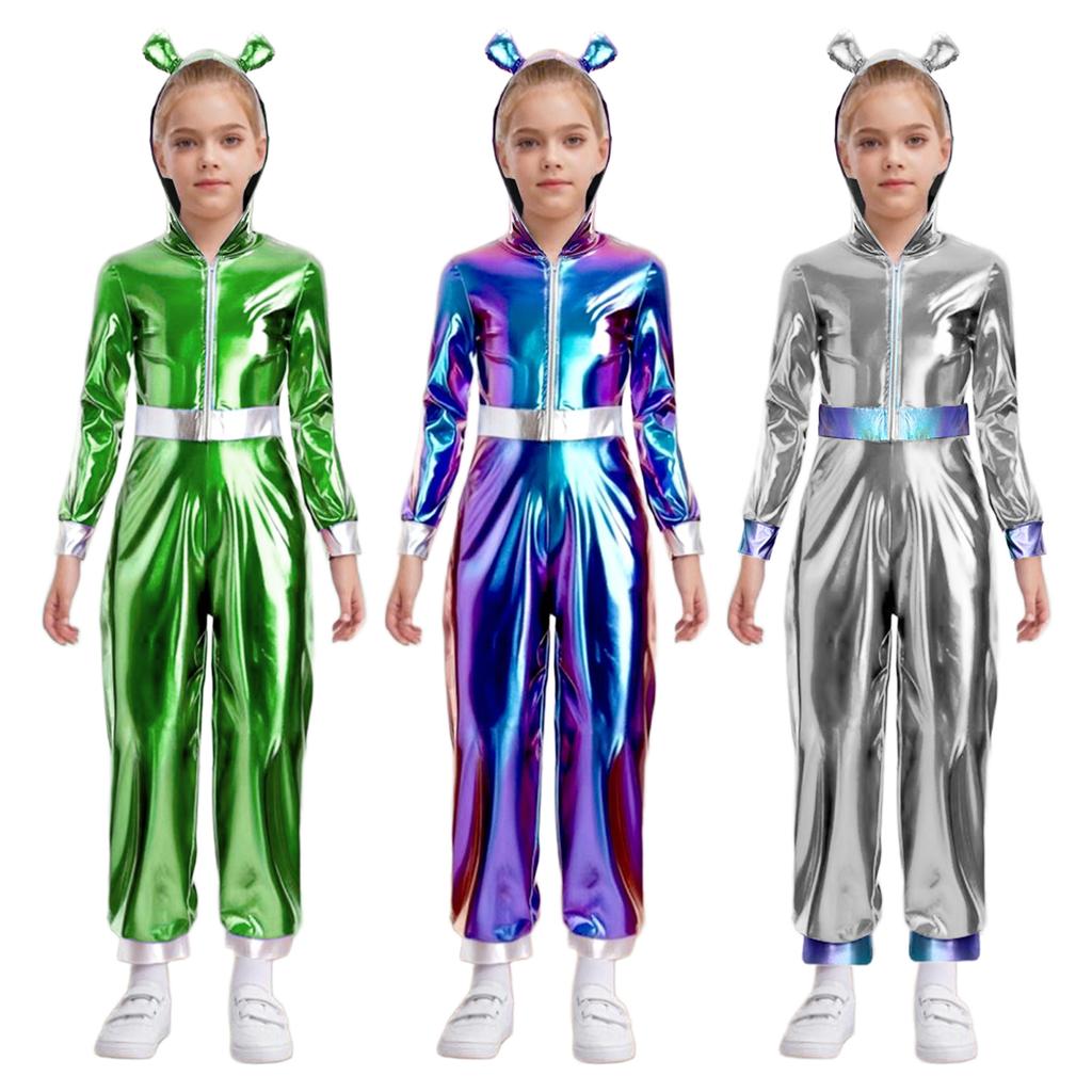 Complete Alien Stage Performance Outfit for Girls: Full Body Metallic Jumpsuit with Hood & Easy Front Zipper for Shows