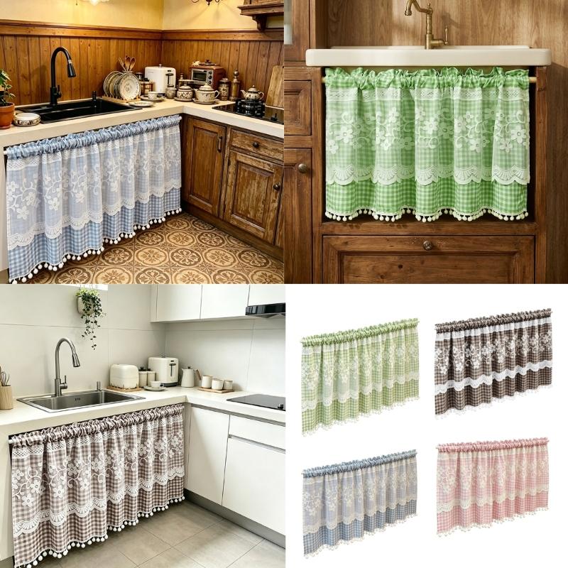 Kitchen Short Curtain Panel with Rod Pocket, Light Filtering Polyester and Gingham Trim for Bath and Cabinet Use