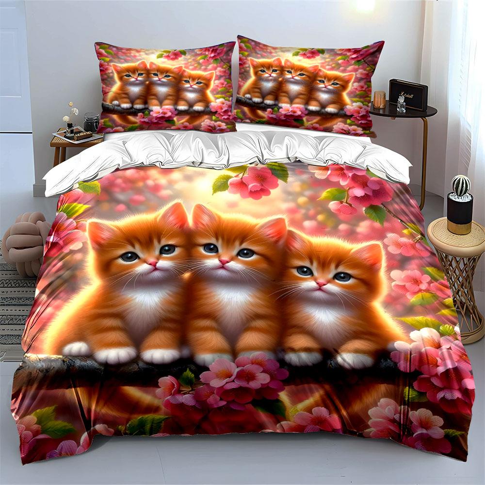 Three Kittens Amid Blossoming Spring  Kid'S And Adults' Bedroom Decor, Exquisite Three-Piece Bedding Set Gift