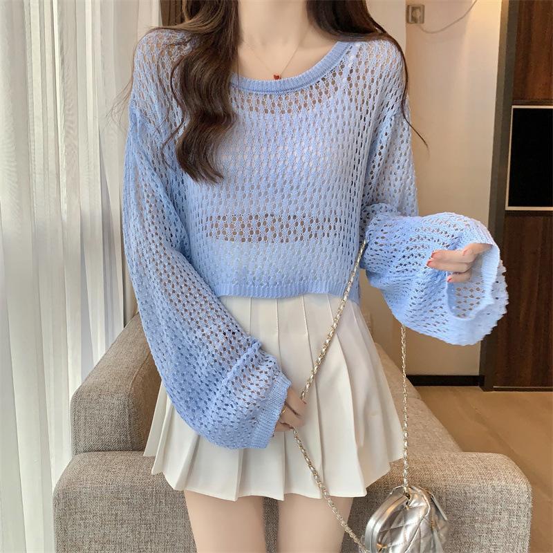 Loose lantern sleeves short hollow blouse women's summer tulle mesh candy color sweet round neck long-sleeved knitted sweater