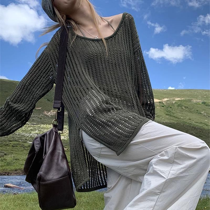 Fashion Loose Long Sleeve Hollow Out Knitted Sweater Women Casual Outer Blouse Thin Hollow Spring Summer Covers Up Long Air-conditioning Shirt Top