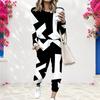 Women Plus Size Black White Printed Round Neck Long Sleeve Cuffed Top Cuffed Pants Two Piece Set