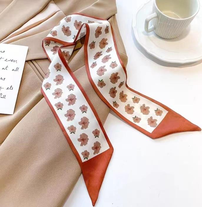 Fashion Printing Silk Hair Scarf for Women Chiffon Long Ribbon Ponytail Ties Headbands