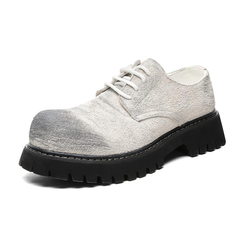 Fashion 2025 Unisex Style Nubuck Suede Leather Round Toe Thick Bottom Platform Men Pumps Solid Color Lace Up Western Casual Derby Shoes