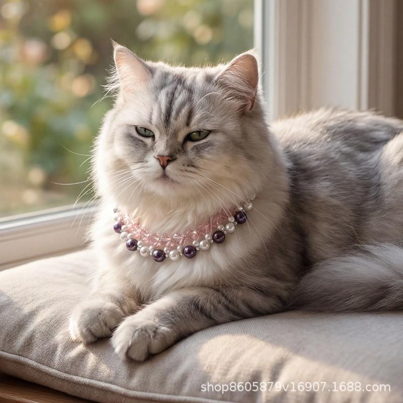 Sweet Cat Dog Necklace With Imitation Pearl Beads Adjustable Pet Collar Charm Girls Princess Style