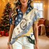 Women's Casual Blouse with V-Neck, Short Sleeve, Christmas Print, Ruffle Trim and Button Front