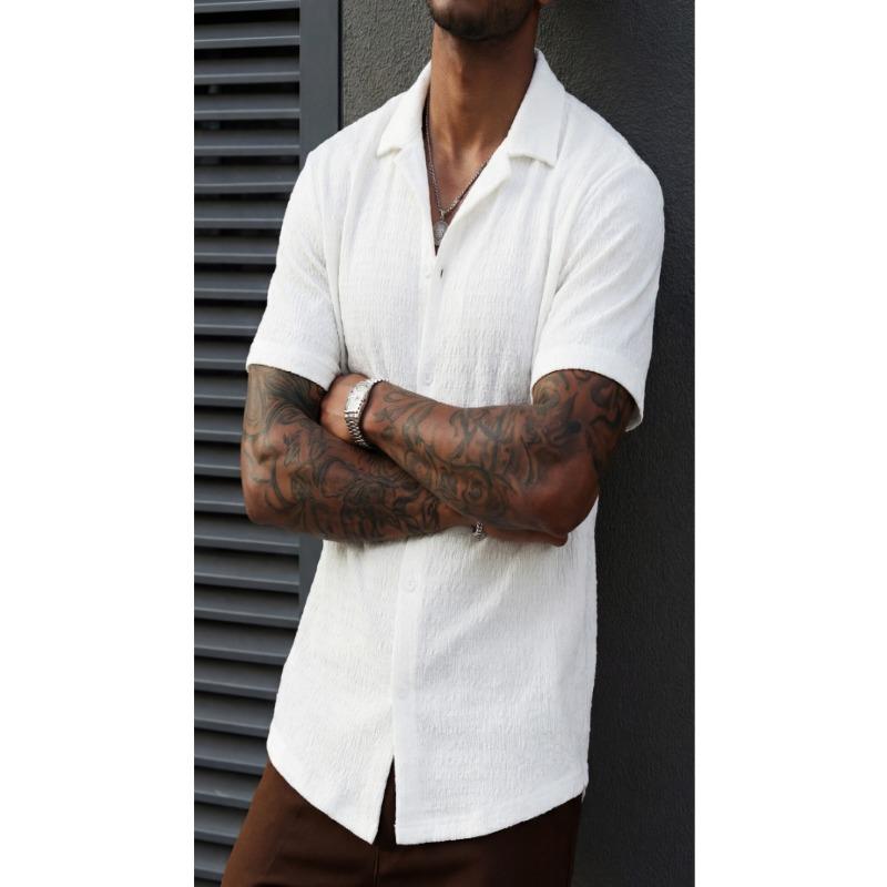 Camisa Jacquard Casual para Hombre con Cuello de Solapa de Manga Corta y Botones
