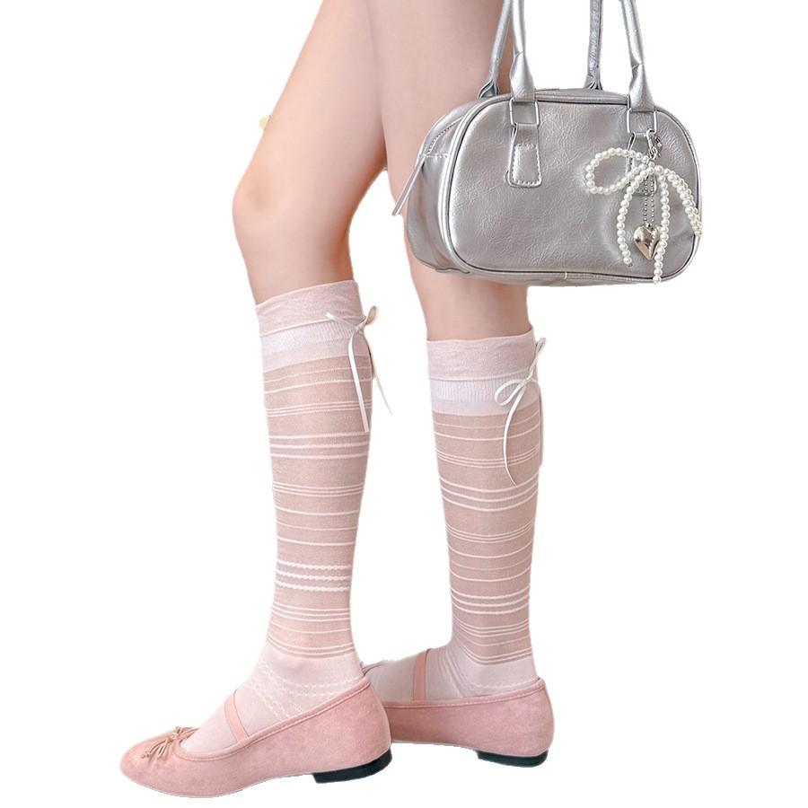 Spring And Summer Ultra-Thin Rear Streamer Bow Calf Socks Women'S Clear And Cool Boneless Stacking Socks Japanese White Medium Tube Socks