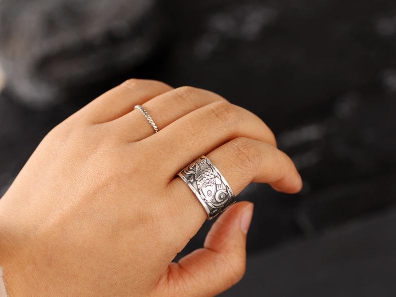 Ethnic Style Silver Color Ring Retro Koi Fish Heart Sutra Opening Men\'s and Women\'s Rings Lucky Rings Casual Party Rings