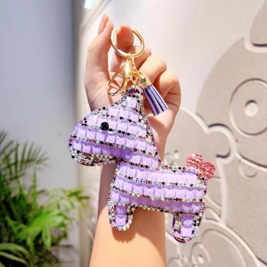 Bag Pendant Sparkling Rhinestones Plaid Pattern Keychain with Tassels Backpacks Handbags Cars Accessories