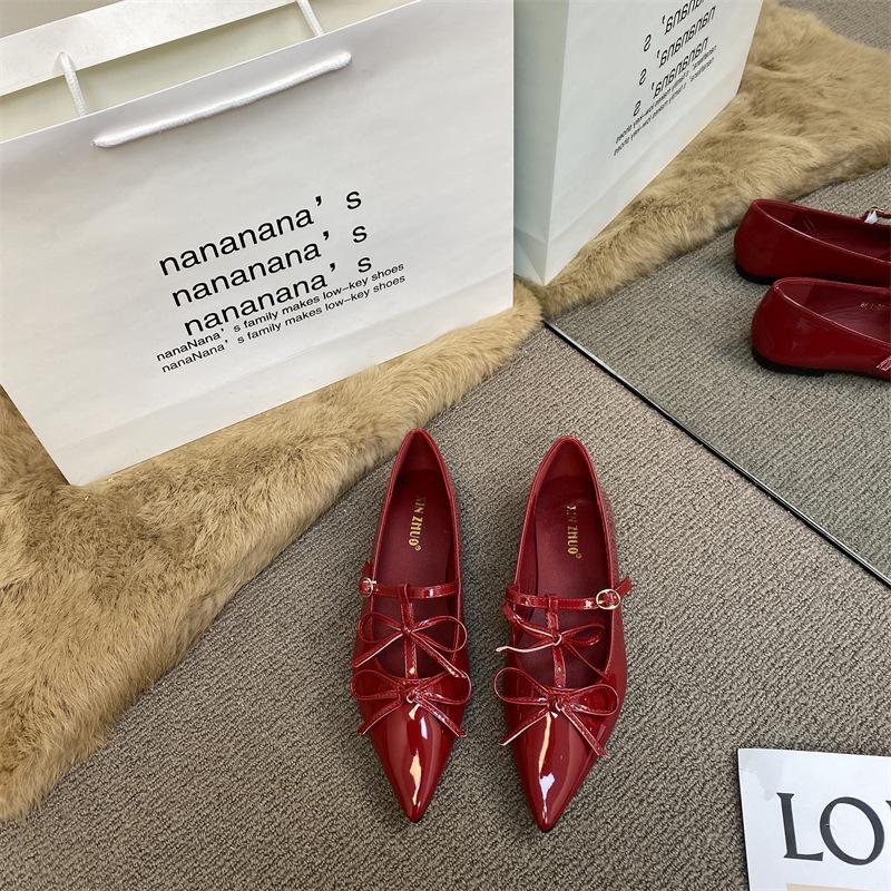 XINZHOU French Temperament Pointed Bow Single Shoes Women's 2025 New Spring Red Flat Mary Jane Shoes
