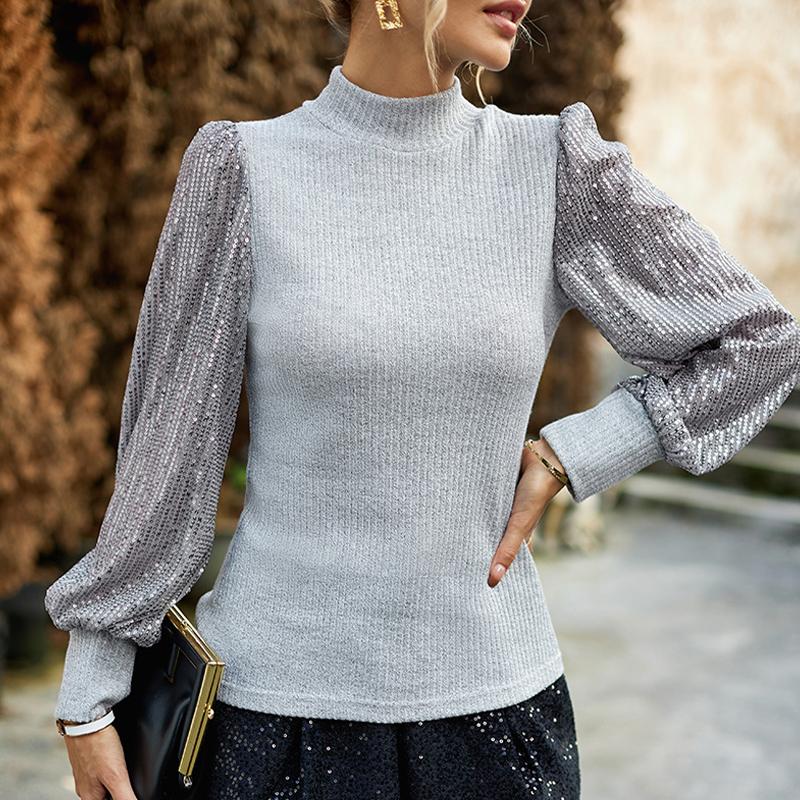 Women's Half Turtleneck Long-sleeved Sequined Patchwork Knitted Top