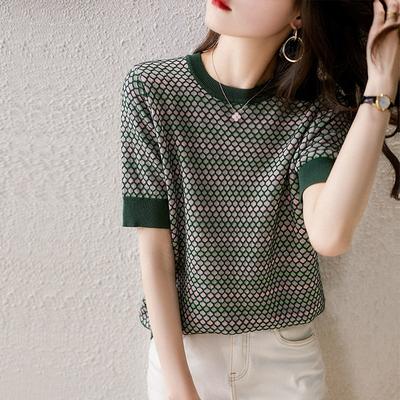 Κομψό Γεωμετρικό Καρό Πλεκτό T-shirt Αντίθετα Χρώματα Καλοκαιρινό Φαρδύ Κοντομάνικο Γυναικεία Ρούχα Στρογγυλή Λαιμόκοψη Κορεατικά Πουλόβερ
