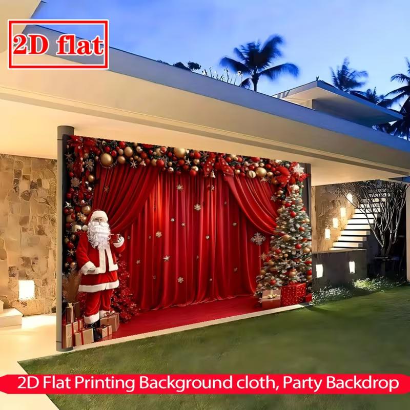 2D Christmas Red Curtain Backdrop Santa & Tree Party Photography Background
