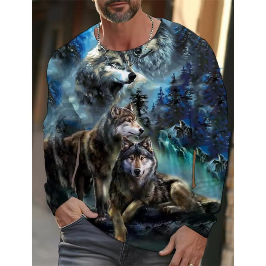 Men's Summer Long Sleeve 3d Printed Wolf Print T-Shirt Tops Men Streetwear Clothing Round Neck Graphic Long Sleeve T-Shirt