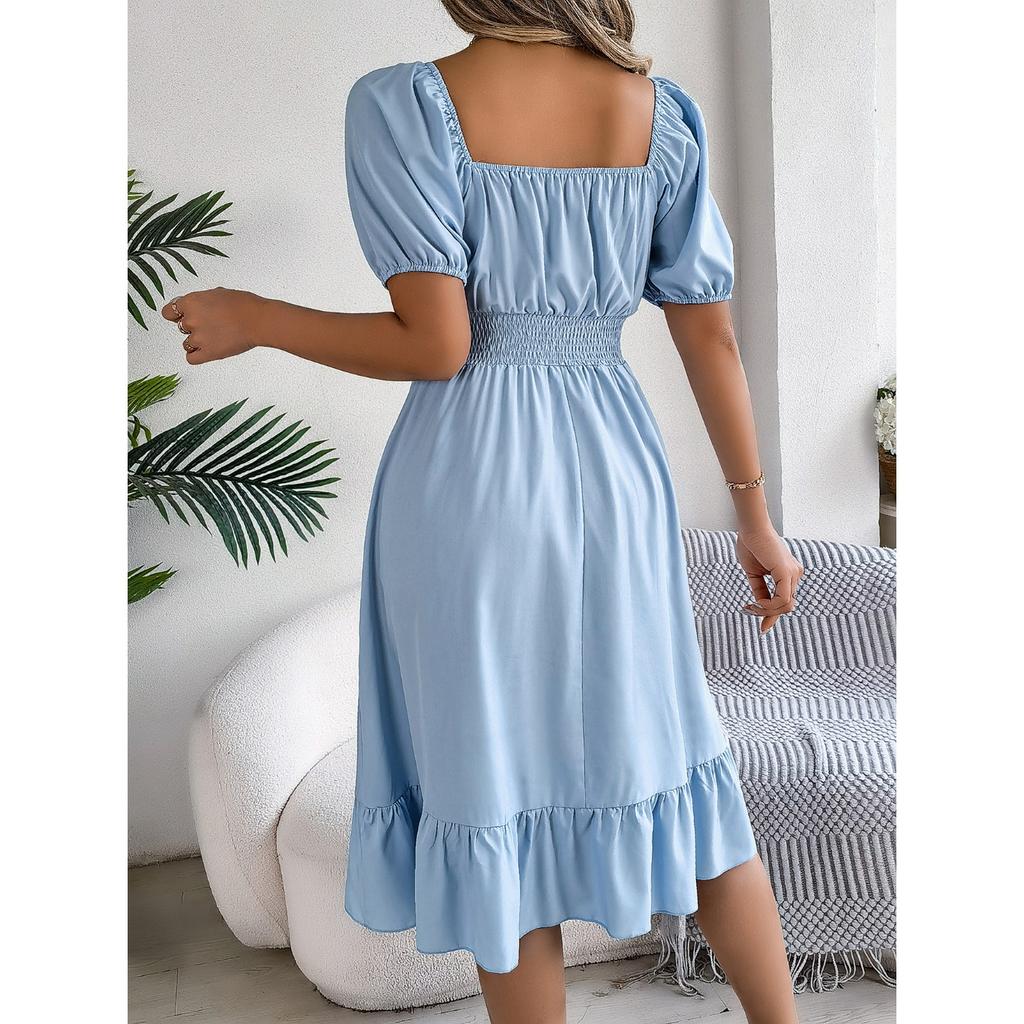 GMXIA Spring and Summer Casual Square-neck Short-sleeved, Waist-cinched, Ruffled A-line Skirt Women's Clothing