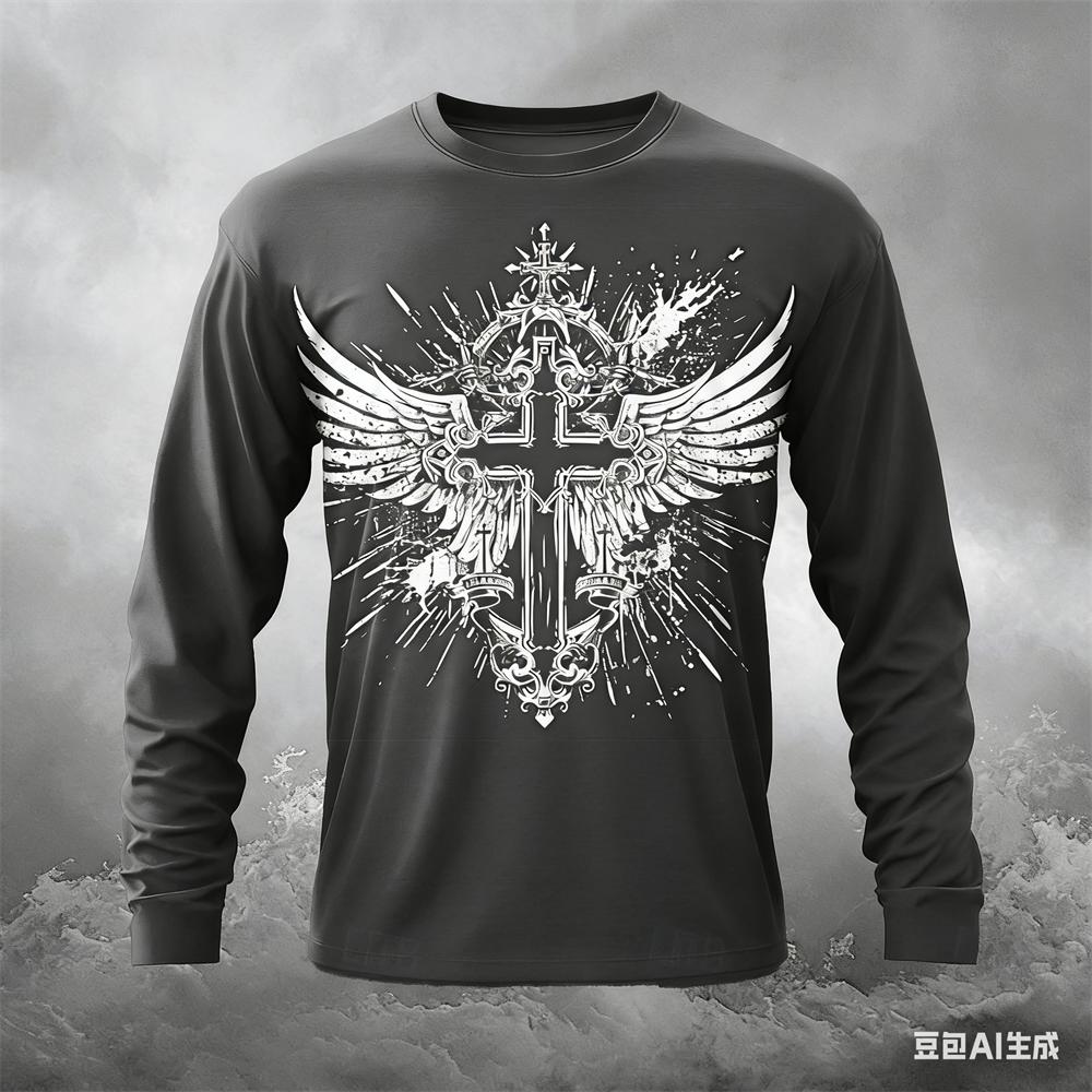 Funny Cross Wing Pattern Men's T Shirt Casual O-neck Loose Long Sleeve T-shirt Spring Autumn Comfortable Pullover Fashion Tops