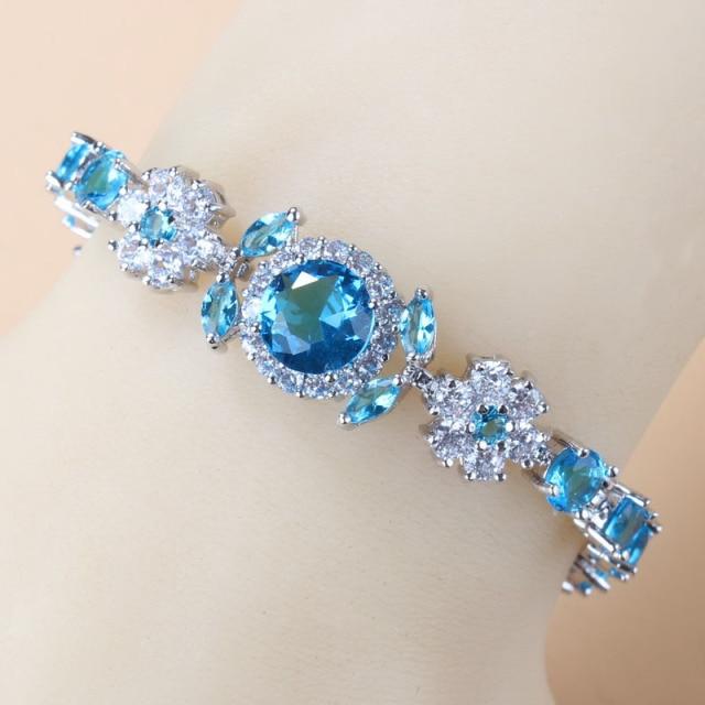 925 Sterling Silver Charm Bracelet Bangle Blue Cubic Zirconia 6-Colors Wedding Jewelry Adjustable Length 18+3CM