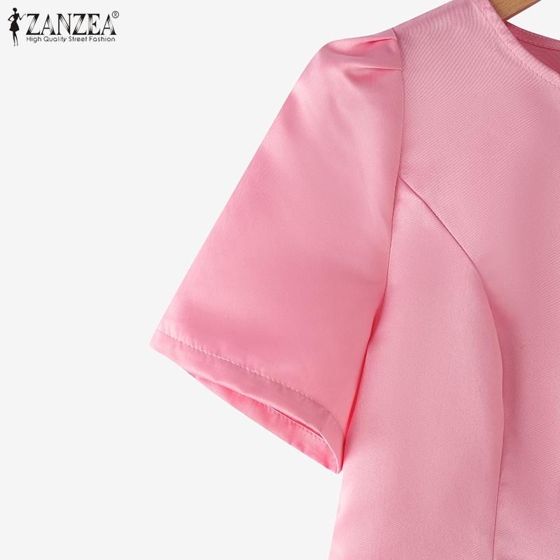 ZANZEA Damen Sommer Rundhals Lässig Kurzarm Einfarbig Bluse