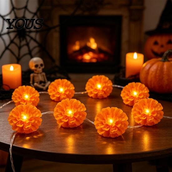 Seasonal Festival Embellishments 10FT LED Chrysanthemum String Light, Battery Operated Artificial Marigold Garland Realistic Flower Shape Lamps Fairy