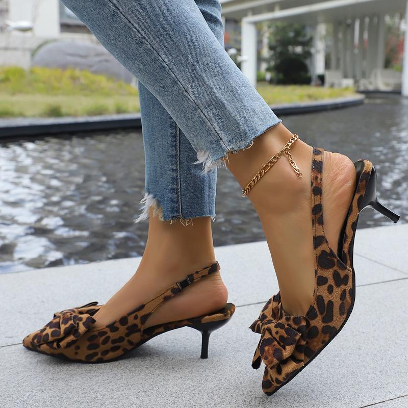 High Heel Sandals 2025 Summer New Fine High Heel Pointed Head Leopard Bow Back Hollow Sandals
