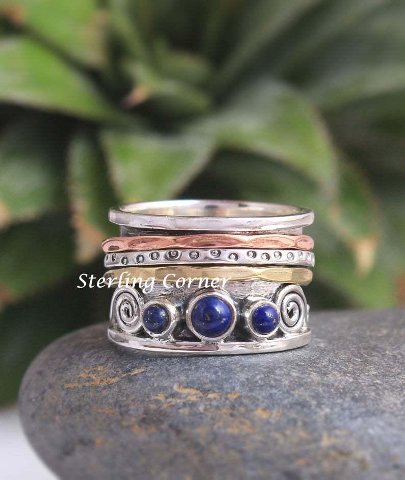 Bohemian Vintage Thajský Stříbrný Prsten s Lapis Lazuli s Gravírováním