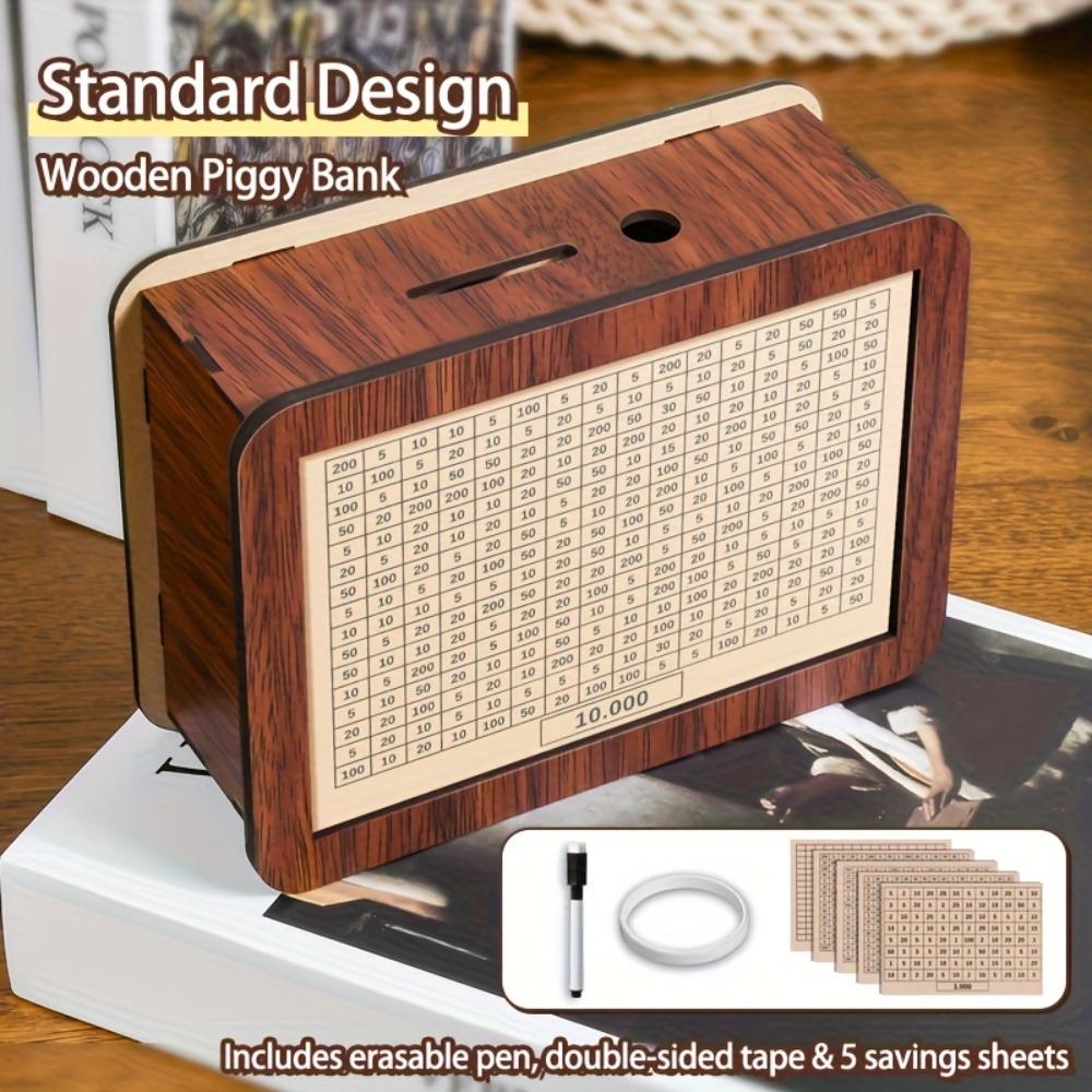 Wooden Money Saving Box Cartoon Cat Design Reusable Money Storage Bank with Goals Counter Large Capacity Count Cash Vault