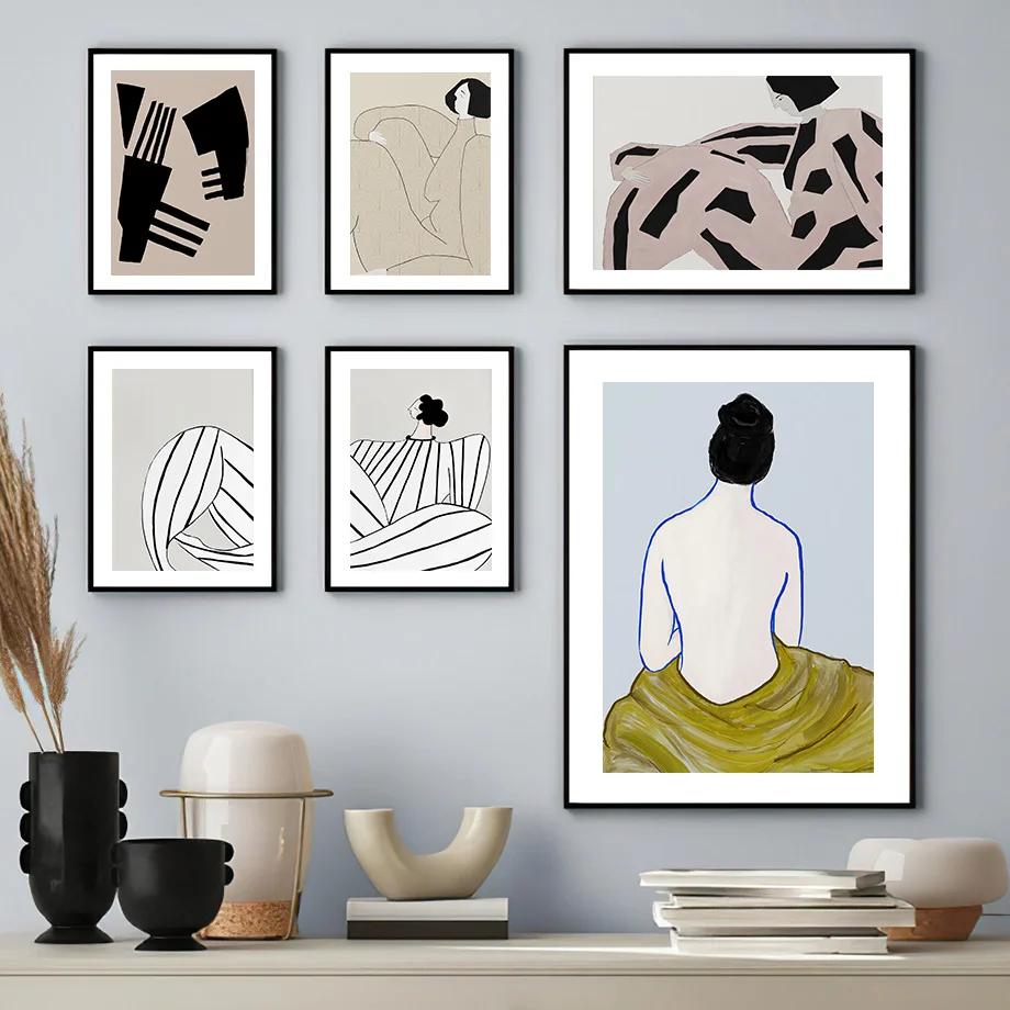 Stripe T-shirt Woman Thick Thighs Big Girl Wall Art Print Canvas Painting Nordic Poster Abstract Pictures For Living Room Decor