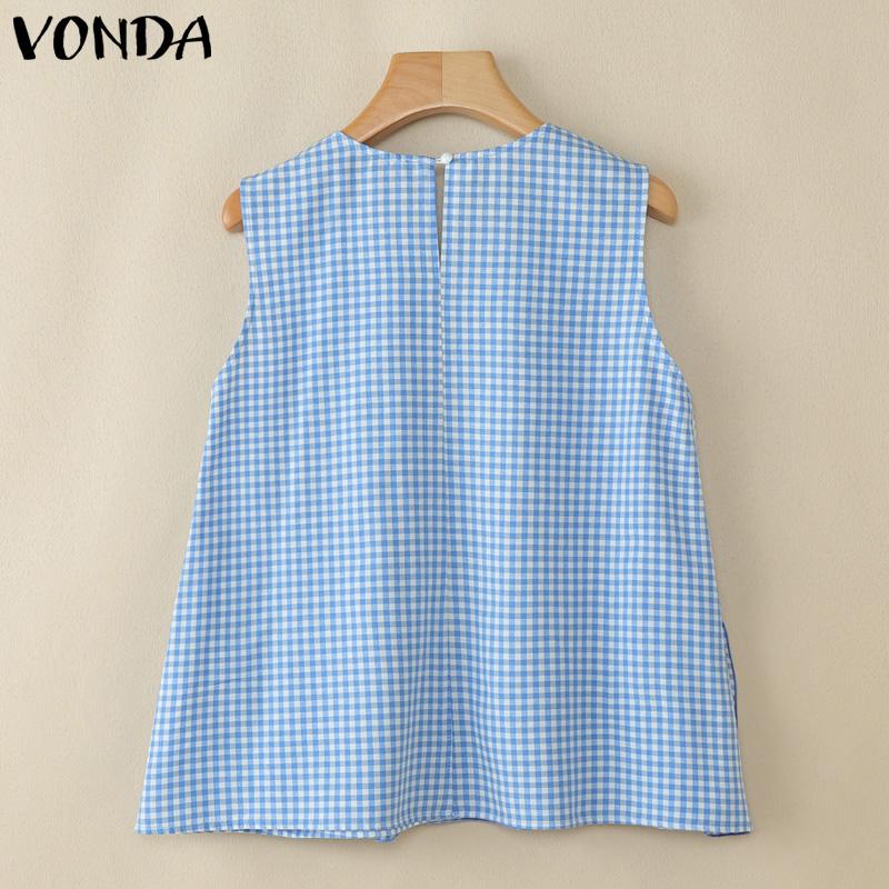 VONDA Sommer Damen Ärmellos Unregelmäßiger Rüschensaum Karomuster Lässige Tanktops